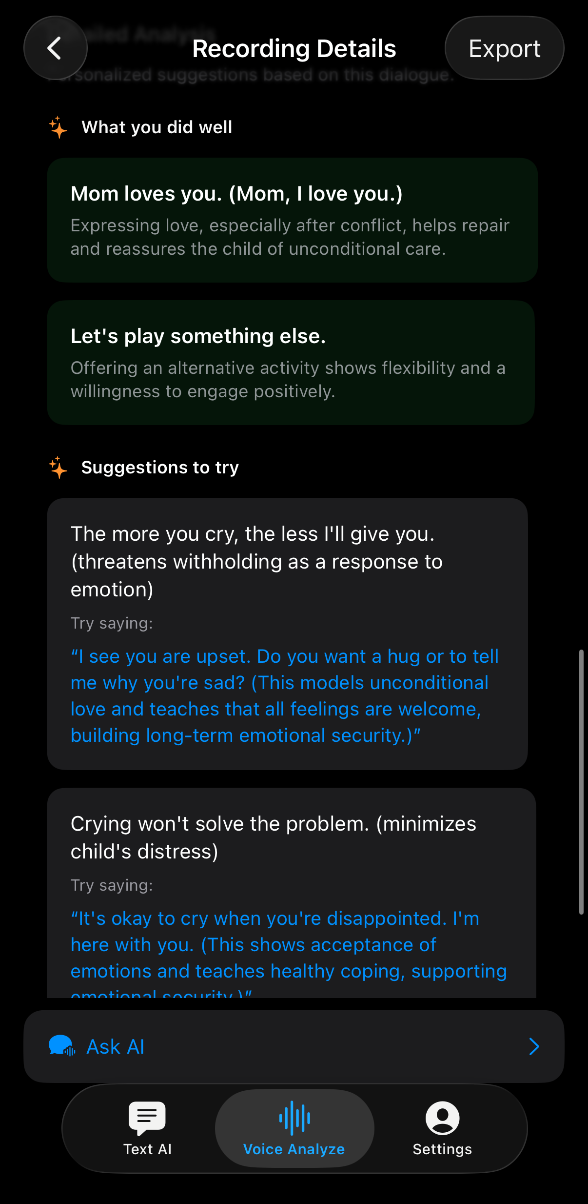Ureka suggestion screen showing parenting insight cards.